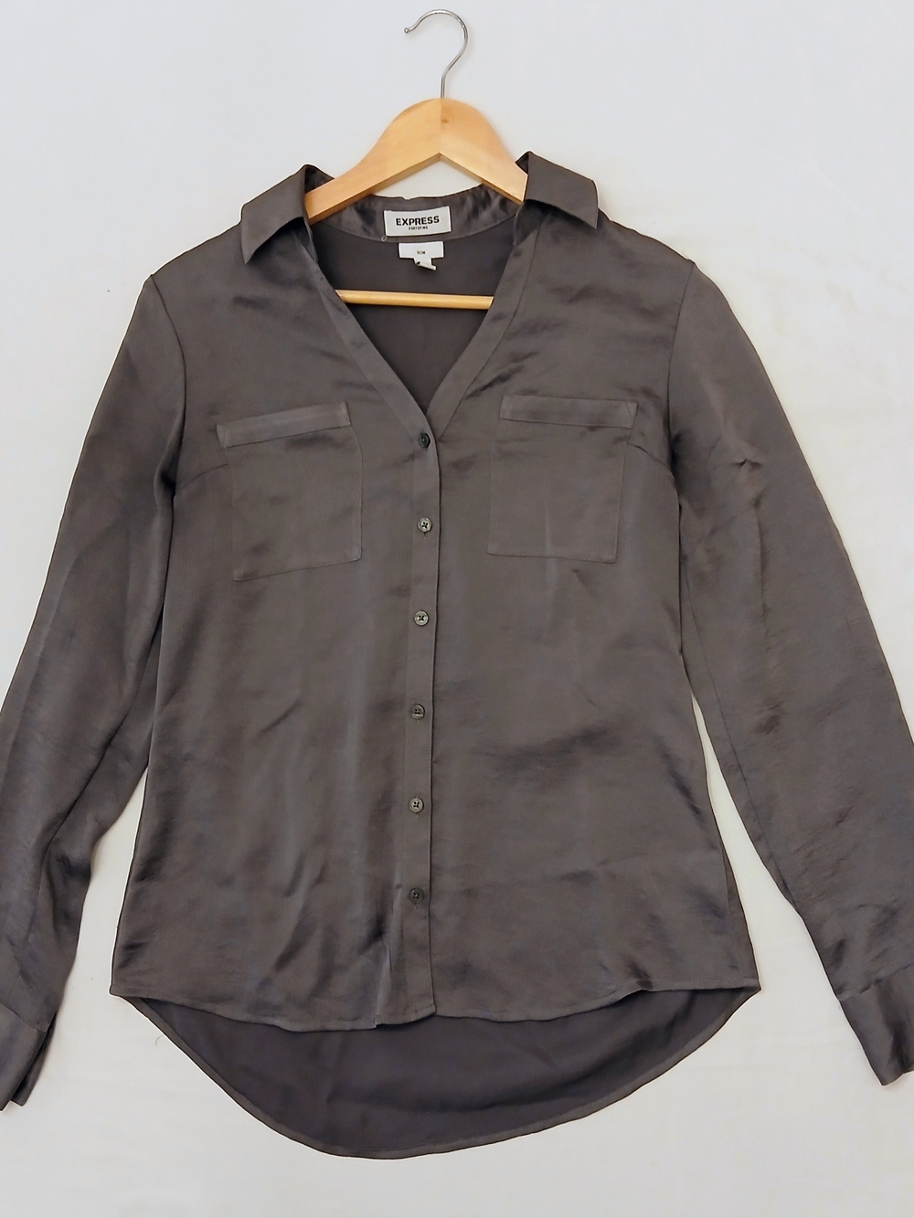 Express Charcoal Grey Silky Long Sleeve Button-Down Blouse - Size S